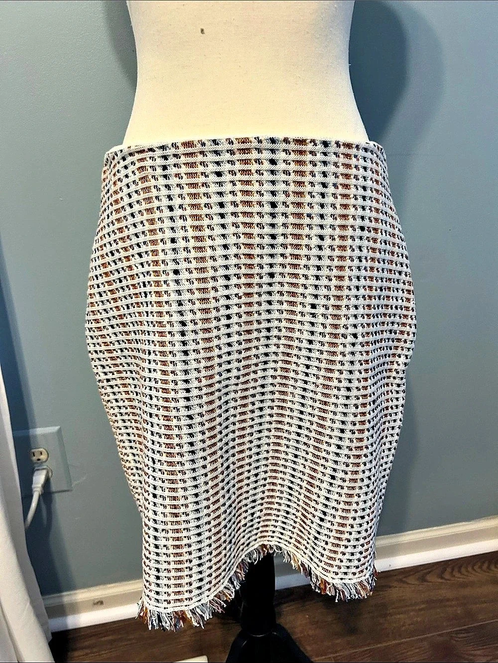 Tory Burch Hollis Skirt Striped Fringe Midi White & Blue Medium NWT